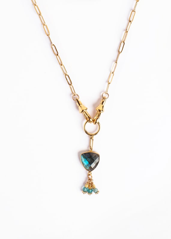 Labradorite and Cubic Zirconia Pendant Paperclip Chain Necklace Rhodium on Silver - Nontarnish, adjustable length Labradorite and Cubic Zirconia Pendant Paperclip Chain Necklace Rhodium on Silver - Nontarnish, adjustable length