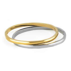 Könnte beinhalten: Zwei elegante Armreifen, einer goldfarben und einer silberfarben, vor weißem Hintergrund. Der goldfarbene Armreif liegt über dem silberfarbenen, wodurch ein geschichteter Effekt entsteht. Die glatten, polierten Oberflächen reflektieren das Licht und betonen das schlanke Design.
