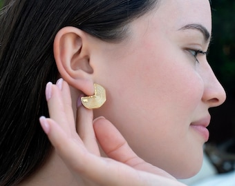 Signature Earrings, 18k Gold Plated Engraved Stud Earrings