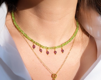 Peridot Rondelle & Rhodolite Garnet Charm Necklace: 18K Gold Plated Sterling Silver