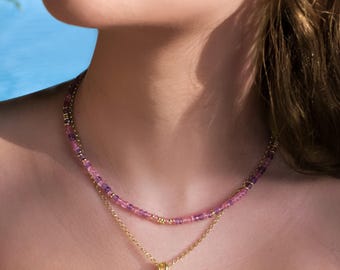 AAA Pink Topaz & Amethyst Beaded Necklace: 18K Gold Plated Sterling Silver