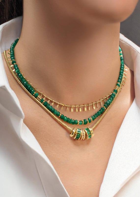 AAA Emerald Gemstone Necklace: 18K Gold Plated Sterling Silver Beaded Necklace
