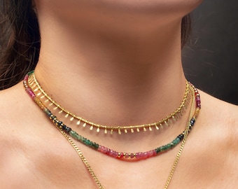 Rainbow Sapphire Gemstone Necklace: 18K Gold Plated Sterling Silver Beaded Chain