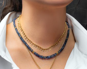 AAA+ Kyanite Gemstone Necklace: 18K Gold Plated Sterling Silver Beaded Necklace