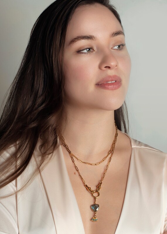 Labradorite and Cubic Zirconia Pendant Paperclip Chain Necklace Rhodium on Silver - Nontarnish, adjustable length Labradorite and Cubic Zirconia Pendant Paperclip Chain Necklace Rhodium on Silver - Nontarnish, adjustable length