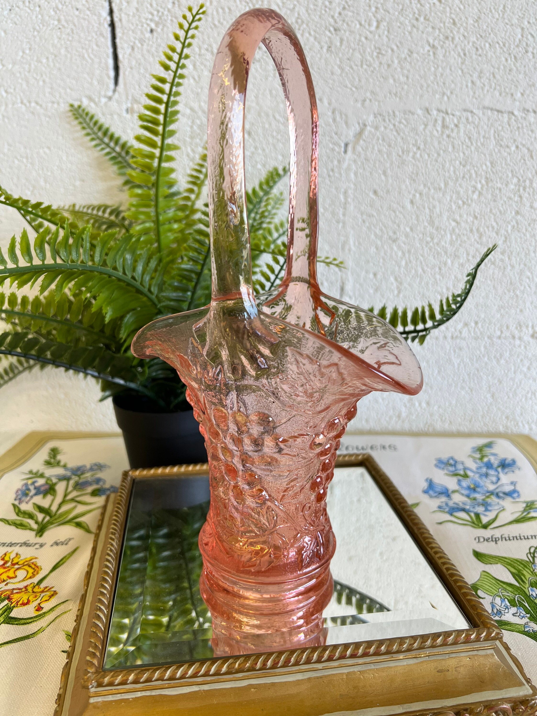 Vintage Pink Depression Glass Basket Etsy