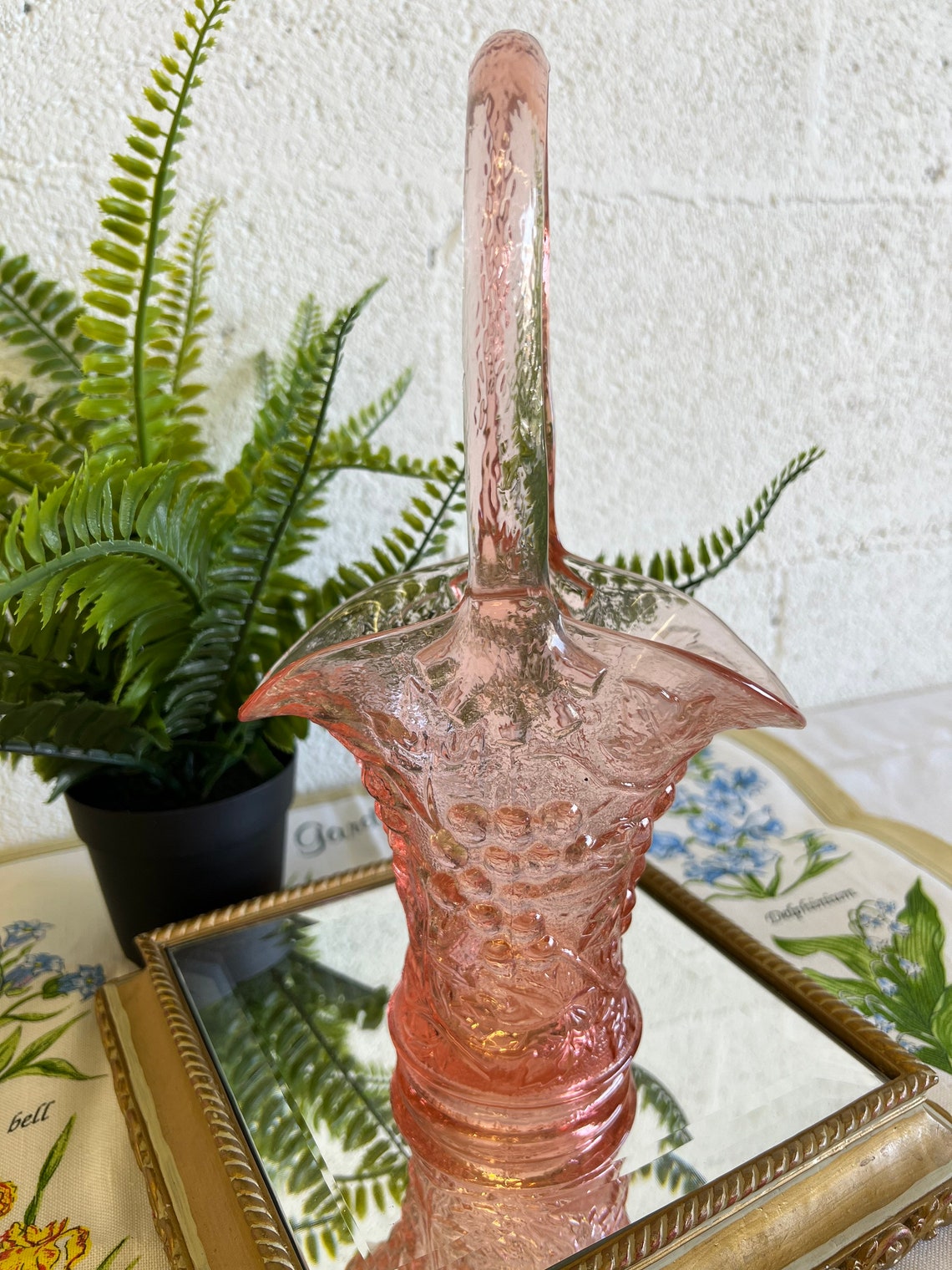 Vintage Pink Depression Glass Basket Etsy