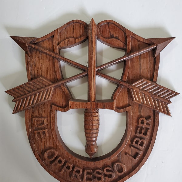 Handmade Wood U.S. Army Special Forces (SF) Crest - De Oppresso Liber (Provincial Stain)