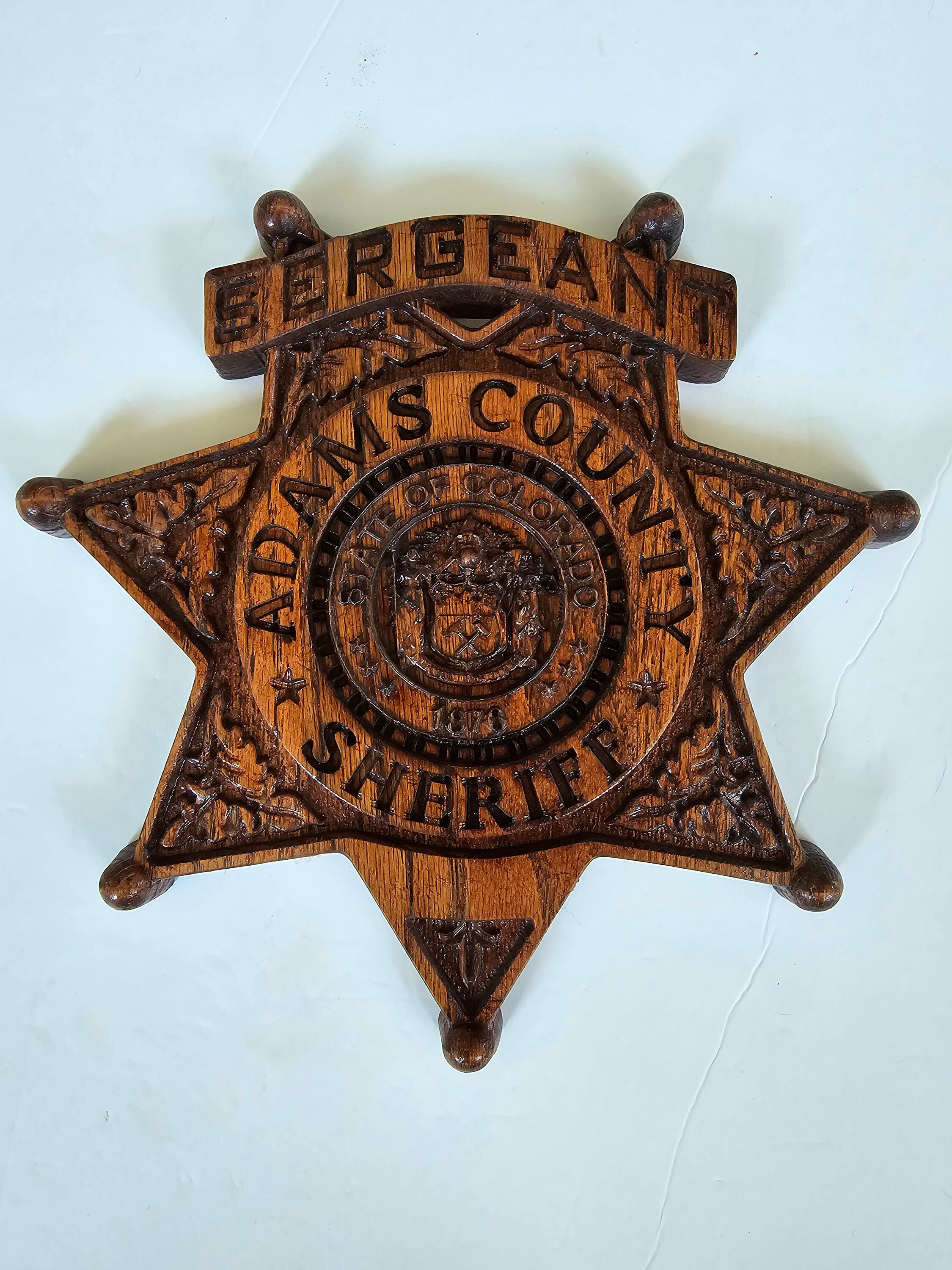 Handmade Wood Adams County (Colorado) Sheriff's Office Sergeant Badge (Red Oak Stain)