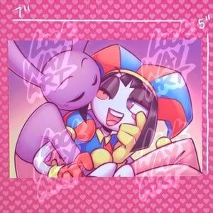 May include: A 7" x 5" print featuring two cartoon characters in a loving embrace. One character is a purple rabbit-like figure, and the other is a jester with a colorful hat and outfit. The background is pink with heart patterns.