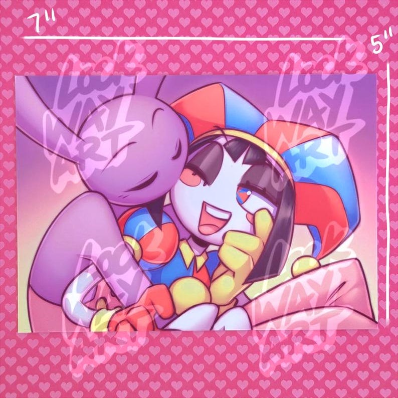 May include: A 7" x 5" print featuring two cartoon characters in a loving embrace. One character is a purple rabbit-like figure, and the other is a jester with a colorful hat and outfit. The background is pink with heart patterns.