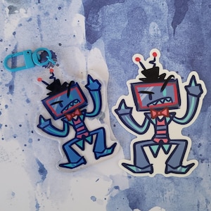 May include: A blue and gray cartoon robot with a television screen for a head, wearing a bow tie and giving the middle finger. The robot is on a white background.