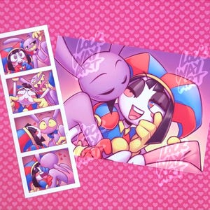 May include: A vibrant illustration featuring two cartoon characters embracing, one with a jester-like outfit and the other with bunny ears. A photo strip shows additional images of the characters. The background is pink with heart patterns.