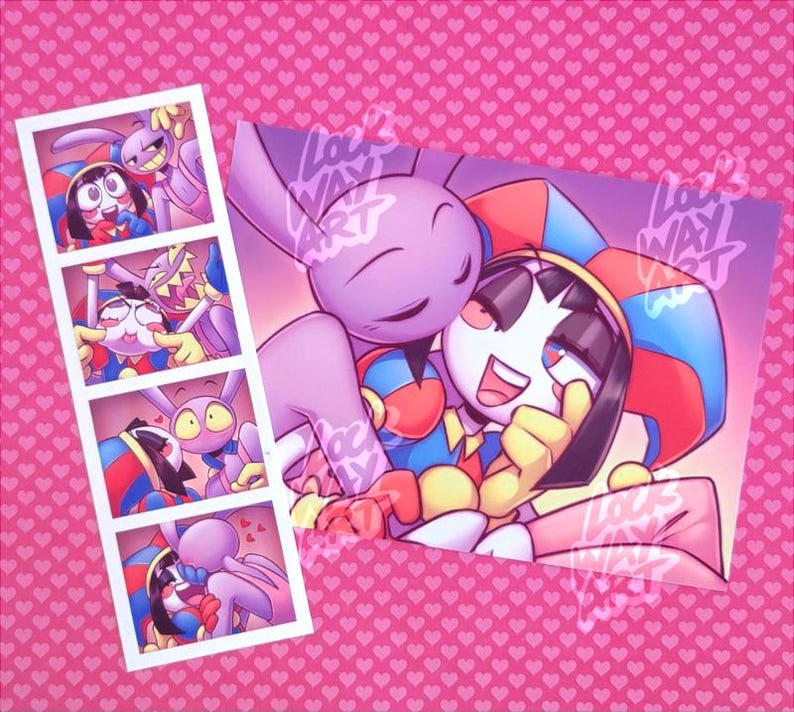 May include: A vibrant illustration featuring two cartoon characters embracing, one with a jester-like outfit and the other with bunny ears. A photo strip shows additional images of the characters. The background is pink with heart patterns.