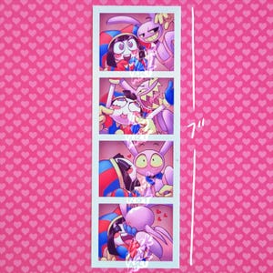 May include: A vertical photo strip featuring four panels of cartoon characters. The characters are a mix of human-like figures and rabbit-like creatures, with vibrant colors and exaggerated features. The background is a pink pattern of hearts, and the strip is approximately 7 inches in height.