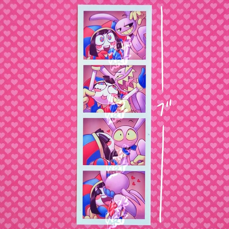 May include: A vertical photo strip featuring four panels of cartoon characters. The characters are a mix of human-like figures and rabbit-like creatures, with vibrant colors and exaggerated features. The background is a pink pattern of hearts, and the strip is approximately 7 inches in height.