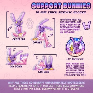 May include: Four 10 mm thick acrylic blocks featuring a purple rabbit character named Jax in cross-leg, corner, lay down, and tail wag poses, measuring 2.50, 2.90, 2, and 2 inches respectively, plus a 1.75 inch round acrylic pin with text.