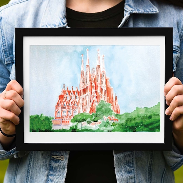 Barcelona, La Sagrada Familia Watercolor, Printable Architectural Drawing, Home Decor, Gaudi Church, Artistic Facade, Travel, Handmade Paint