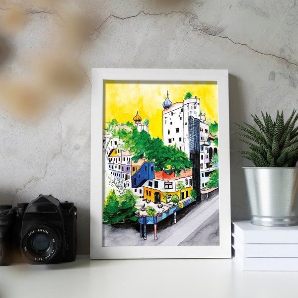 Vien Hundertwasser Haus Facade View, Architectural Watercolor, Handmade Painting, Printable, Architecture, Travel, Wall Art, Home Decor