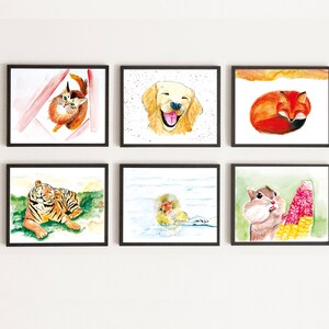 6 Printable Cute Animals, Watercolor Painting, Nursery Design, Hand drawn Art Print, Fox, Monkey, Cat, Dog, Tiger, Squirrel, Six Print Set