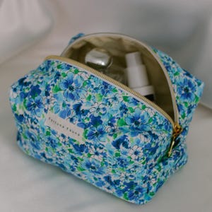 Blue Floral Quilted Boxy Pouch, Shabby Chic Travel Accessory, Gift For Her, Cottagecore Makeup Case, Boxy Zipper Bag, Makeup Bags,