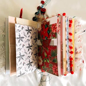 Handmade Christmas Junk Journal, Blue Holiday Fabric, Tassel Charm