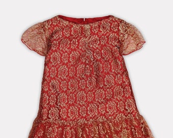 Red & Gold Rose Lace Baby Toddler Dress