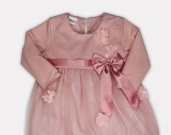 Dusty Pink Flower Ribbon Tulle Baby Toddler Dress