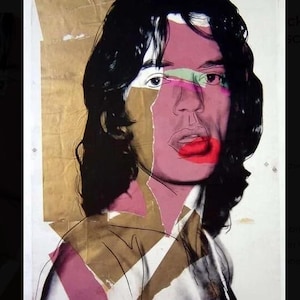 May include: A pop art portrait with a pink face and red lips, featuring a person with black hair. The artwork incorporates torn paper elements in gold and pink, with the text "HALFTONES" and "BLACK FED(F)" visible.