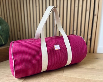 Sac polochon en velours côtelé rose fushia fait main