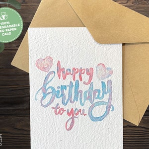 Plantable Happy Birthday Card, Seed Paper Happy Birthday Greeting Card with Recycled Envelope, Eco Friendly Handmade Sustainable Gift Card
