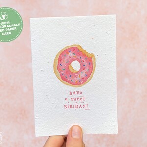 Nibbled Pink Donut Birthday Card, Plantable Seed Happy Birthday Card, Handmade Seed Paper Birthday Greeting Card, Eco-Friendly Gift Card