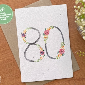 Happy 80th Birthday Card, Flower Plantable Seed Birthday Card, 80 Years Old Card Plantable Seed Paper Card, 80th Milestone Birthday Card
