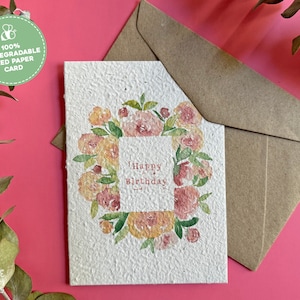 Plantable Happy Birthday Card, Watercolour Roses Plantable Seed Paper Birthday Card, Eco-Friendly Handmade Plantable Birthday Card For Her