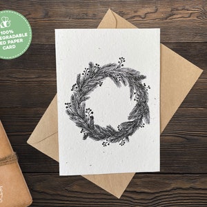 Plantable Seeded Christmas Card, Christmas Wreath Seed Paper Greeting Card with Recycled Envelope, Eco Friendly Handmade Flower Seed Card