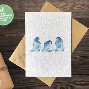 Plantable Seed Card Watercolour Penguins, Flower Seed Paper, Plantable Birthday Card, Seeded Card, Eco Friendly Handmade Sustainable Card