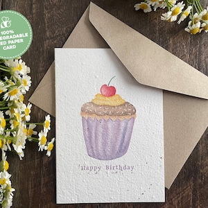 Plantable Happy Birthday Card, Seed Paper Birthday Card, Watercolour Cupcake Birthday Card, Eco Friendly Card, Plantable Birthday Seed Cards