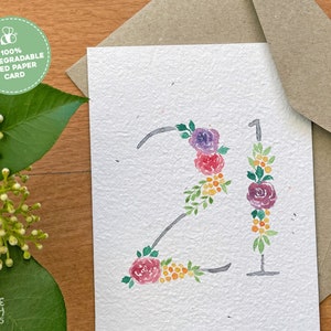 Happy 21st Birthday Card, Floral Plantable Seed Birthday Card, 21st Birthday Card For Her, Plantable Seeded Birthday Card 21 Years Old