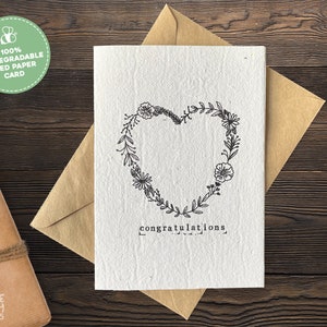 Plantable Seed Card Congratulations, Flower Heart Plantable Wedding Card, Seed Paper Card, Eco Friendly Wedding Card, Handmade Seeded Card