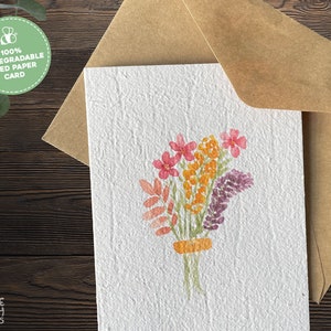 Plantable Seed Card Flower Bouquet, Handmade Seeded Paper Plantable Card, Blank Sustainable Thank You Seed Card, Thinking of You Note Card