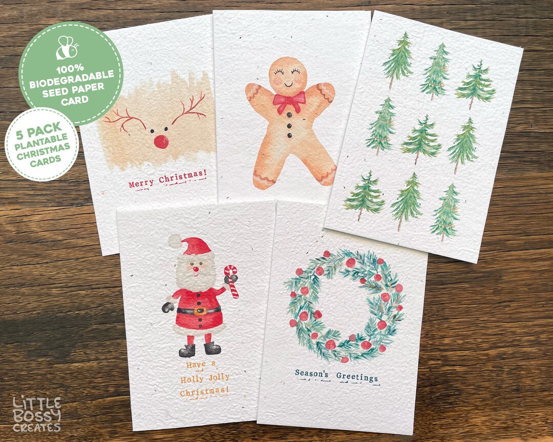Plantable Seed Christmas Cards 5 Pack Watercolour Christmas Etsy