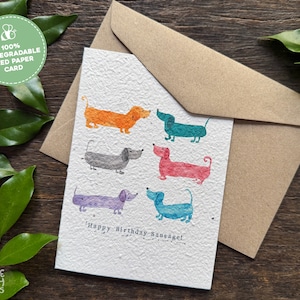 Plantable Happy Birthday Card, Happy Birthday Sausage Dog Seed Paper Watercolour Plantable Seed Card, Eco Friendly Handmade Sustainable Card