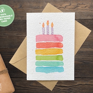Plantable Happy Birthday Card, Seed Paper Watercolour Greeting Card with Recycled Envelope, Eco Friendly Handmade Sustainable Gift Card