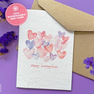 Happy Anniversary Plantable Card Watercolour Hearts, Handmade Seed Paper Anniversary Card, 1st Anniversary Card Seeded Paper Heart Love Card