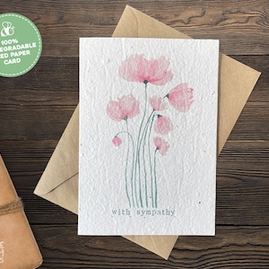 Plantable With Sympathy Card, Pink Flowers Seed Paper Condolence Card, Eco Friendly Handmade Sustainable Sympathy Seed Card, Seed Paper Card