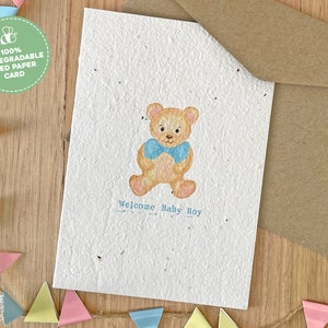 Welcome Baby Boy Plantable Seed Card, Handmade New Baby Card, Teddy Bear Baby Card, Eco-Friendly Mum to be Card, Expecting Card Newborn
