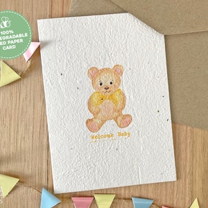 Welcome Baby Plantable Seed Card, Handmade New Baby Card, Watercolour Teddy Bear Baby Card, Eco-Friendly Plantable New Baby Greeting Card