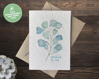 Plantable Seed Card Thinking Of You, Eucalyptus Seeded Paper Sympathy Card, Watercolour Cards, Eco Friendly Handmade Condolence Card