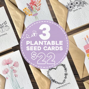 Set of 3 Plantable Seed Cards, Greeting Card Bundle, Seeded Greeting Cards Pack with Envelopes, Sustainable Handmade Blank Seed Paper Cards