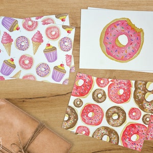 Pack of 6 Watercolour Birthday Greeting Card Set, Donuts Cupcakes and Ice Creams Cards with Blank Envelopes, Original Artwork Note Cards